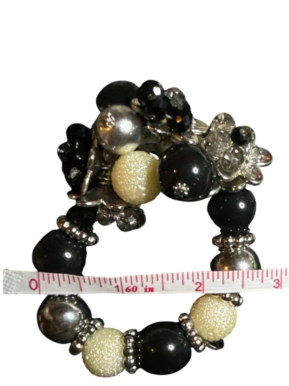Boutique Chunky Black & Ivory Stretch Statement Bracelet Faux Pearl Crystal EUC